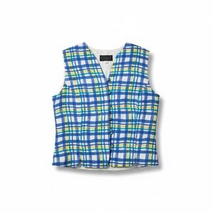 Spenser Jeremy Plaid Vest, Scalloped Hem, Blue Yellow Green, Women's Small